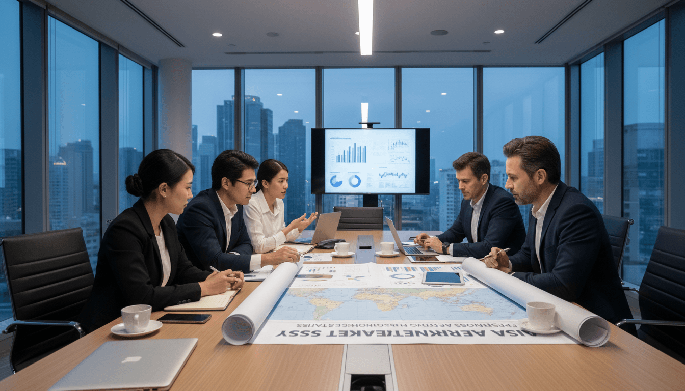 Business professionals collaborating in modern office setting with Asia-Pacific expansion materials